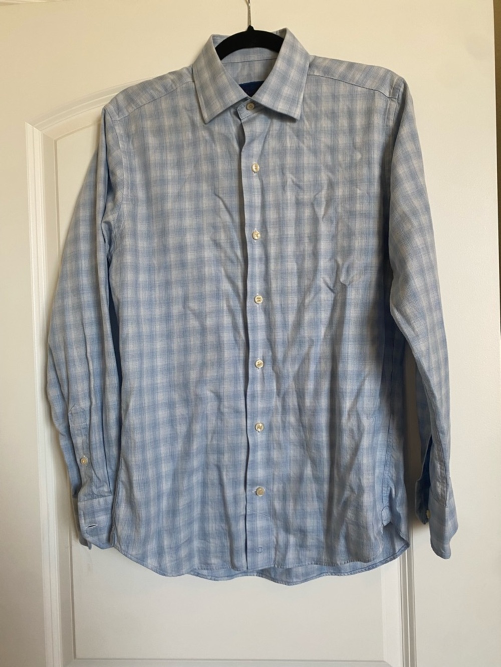 David Donahue Light Blue Plaid Dress Shirt